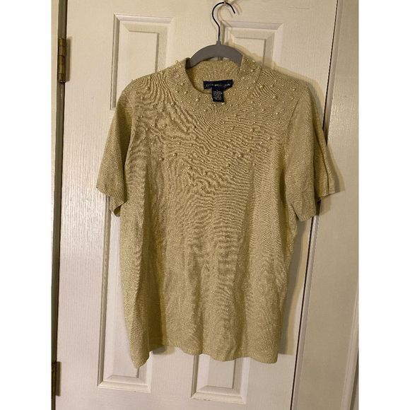 Susan Graver 🐾 Gold Beige Pearl Embellished Short-sleeve Blouse, Size Large - Picture 1 of 4